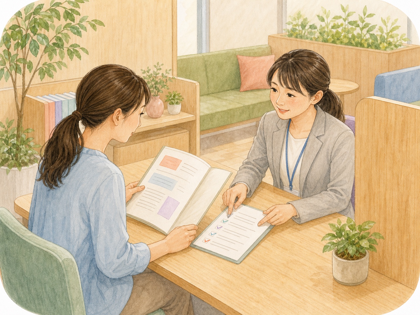 保護者が市の窓口で申請書類を確認しているイラスト
