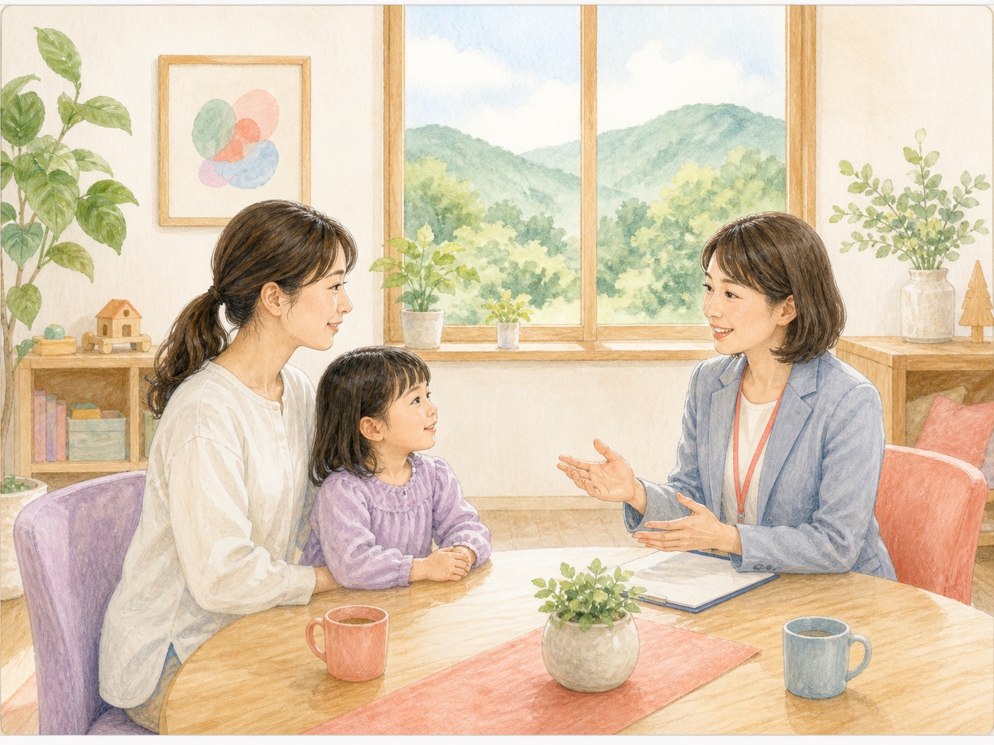 親子が相談員へ発達や生活について相談しているイラスト