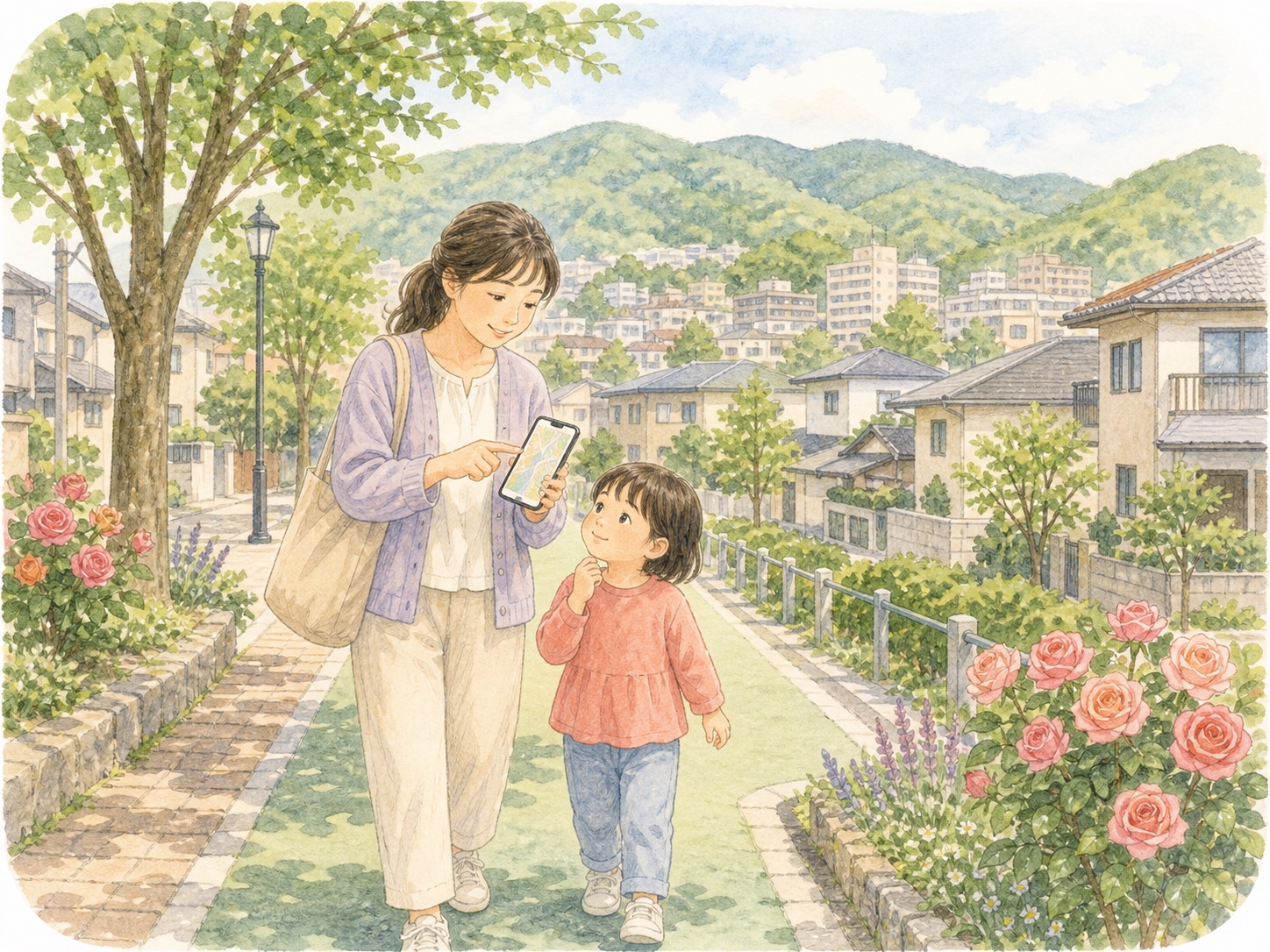 親子が緑のある茨木市の街を歩きながら事業所を探すイラスト