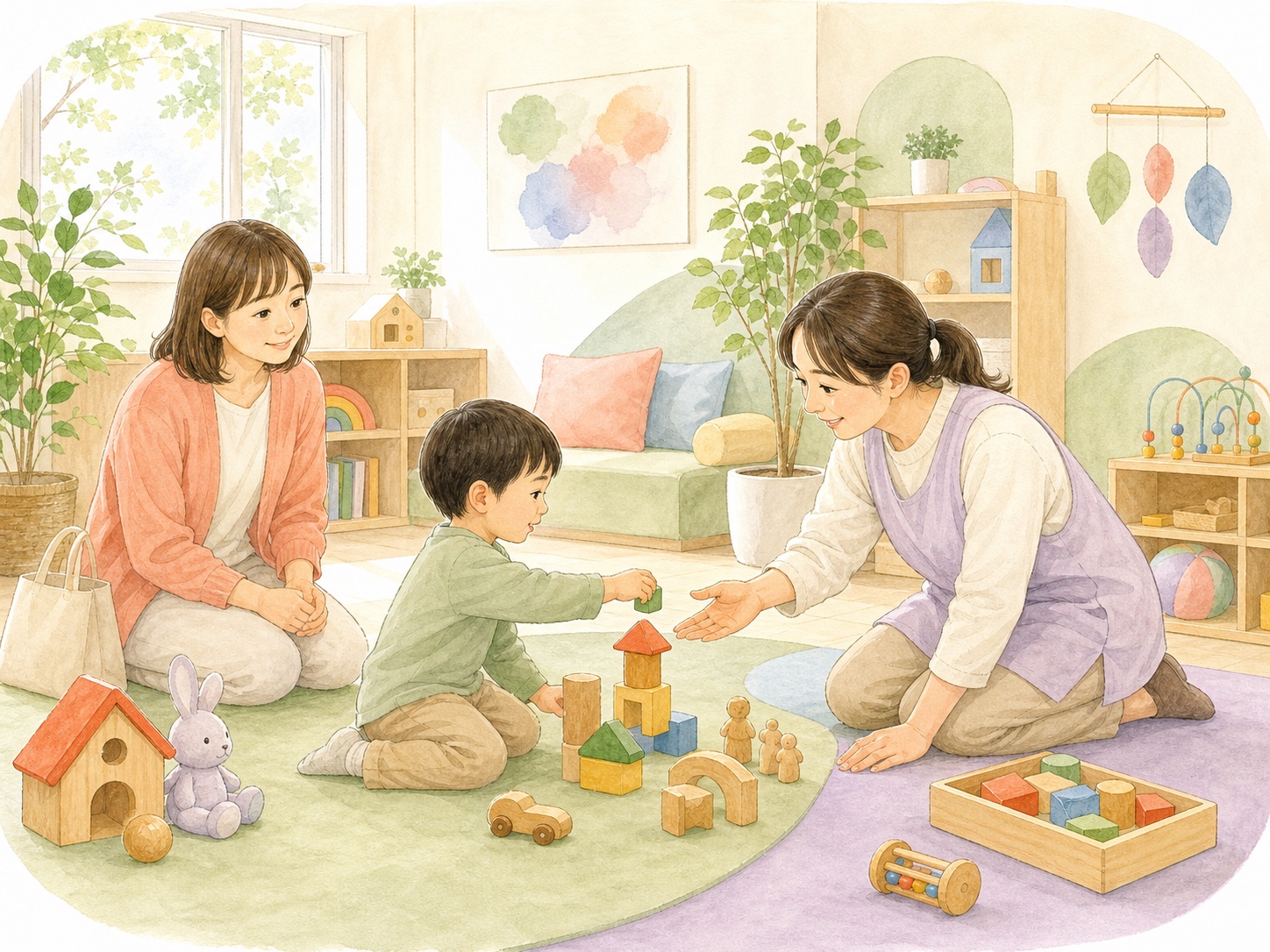 子どもが事業所で支援員と遊びを始め、保護者が見守っているイラスト